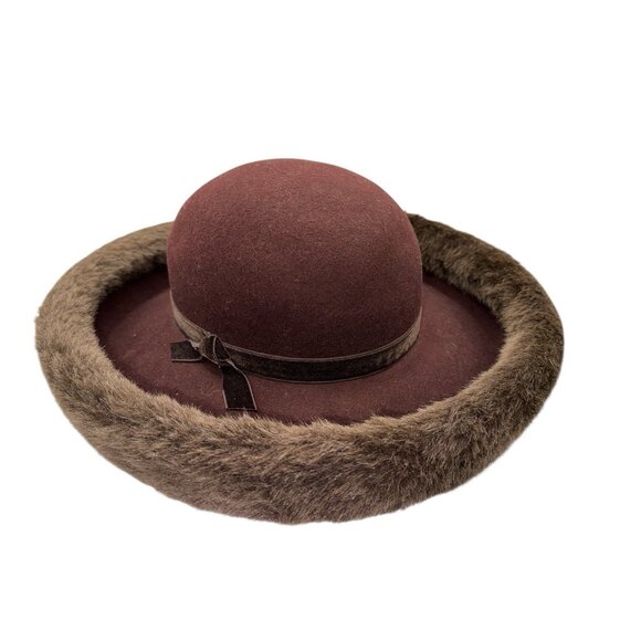 Deborah Fashions Accessories - Deborah 100% Wool Brown Faux Fur Brim Crown SZ Med Derby Dress Vtg Made in USA